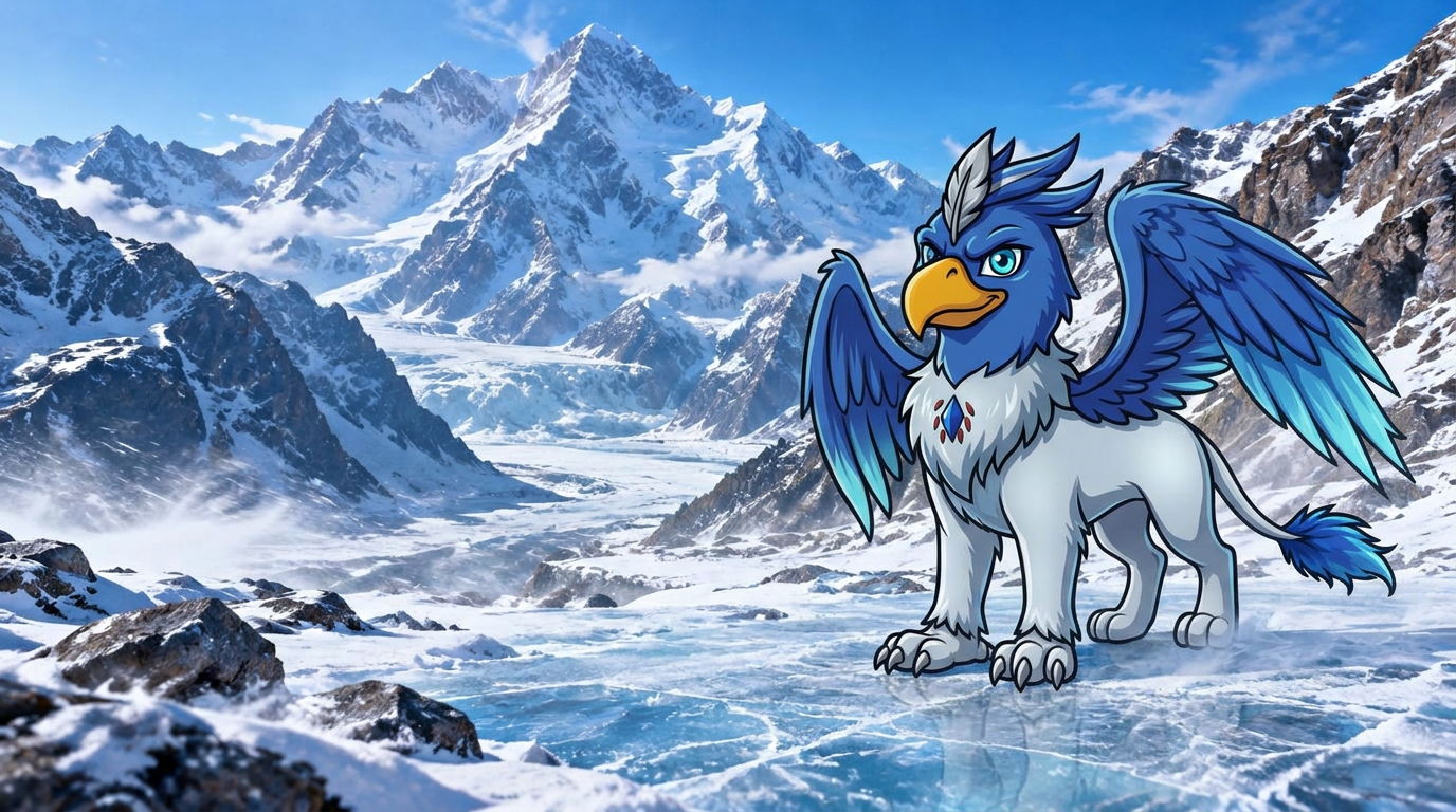 Canonical blue Griffyn stands on a snowy ridge beneath icy mountain peaks.