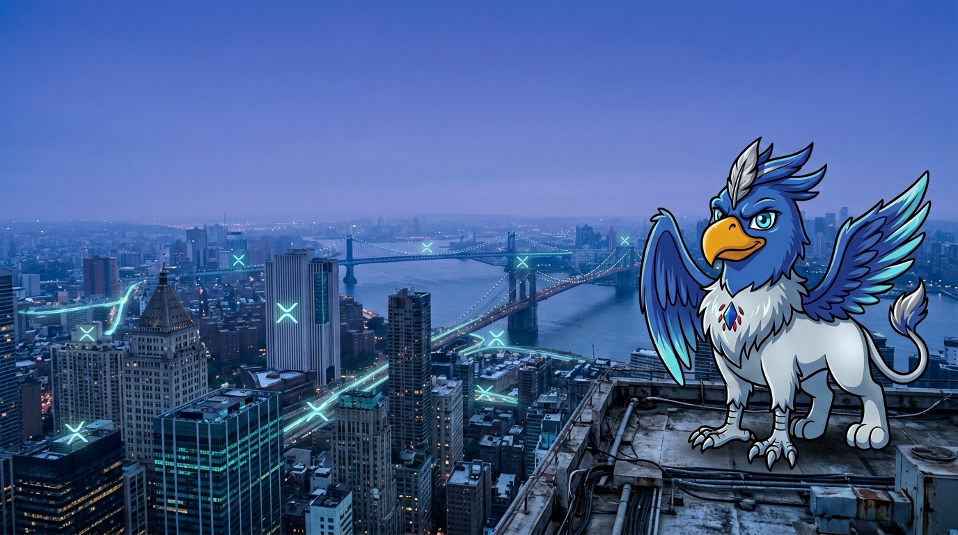 Griffyn watches a real-world-looking city with fictional XRP light connections.