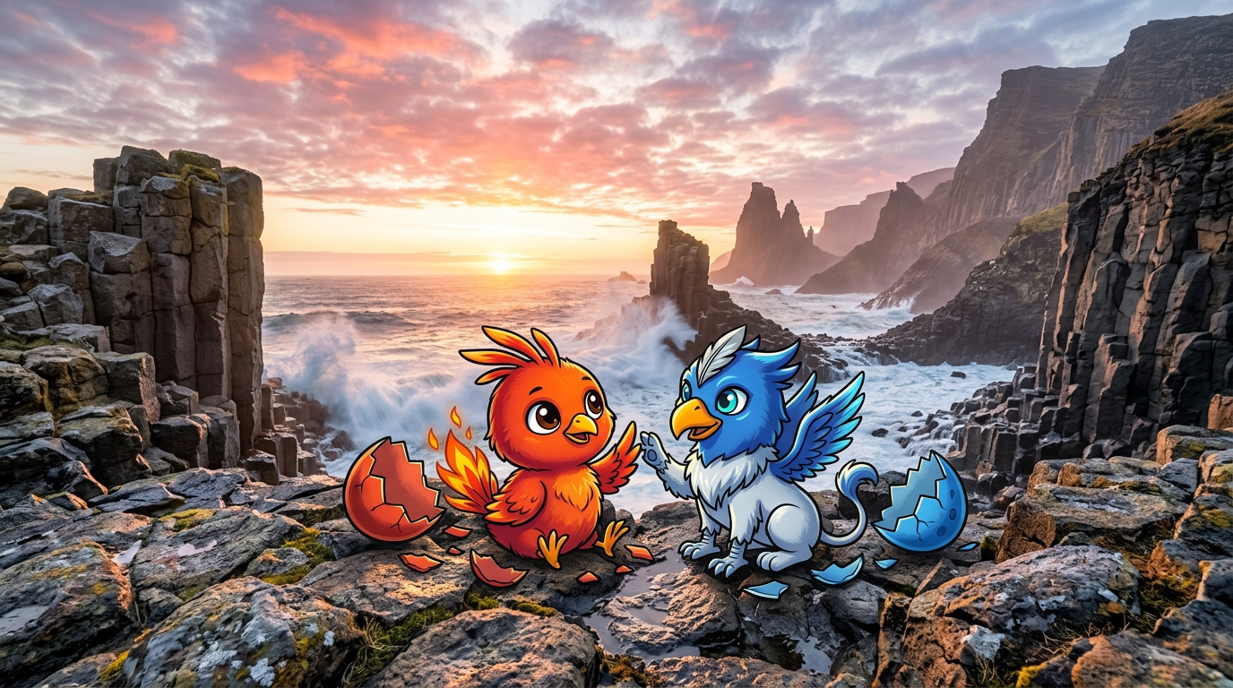 Baby Phoenix and baby Griffyn beside their red and blue eggs on a coastal ledge.