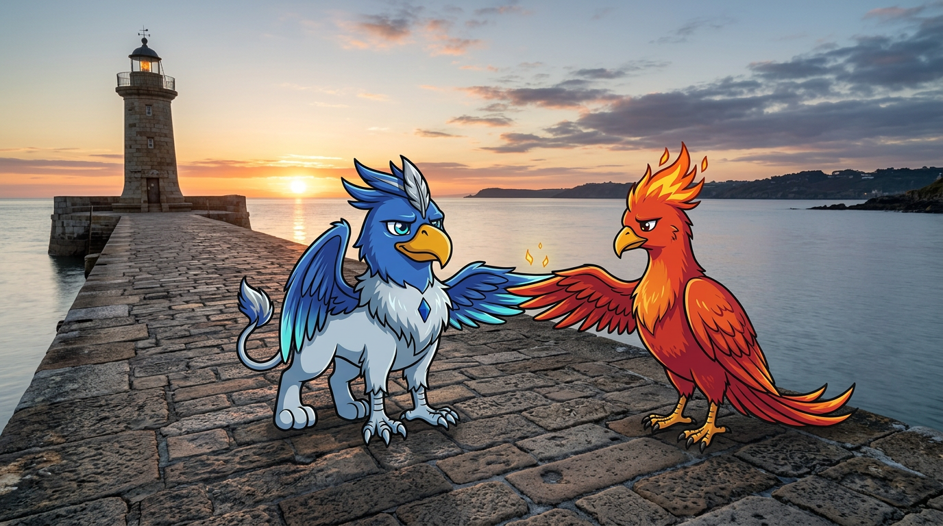 Blue Griffyn and red Phoenix reunited at a cinematic harbor.
