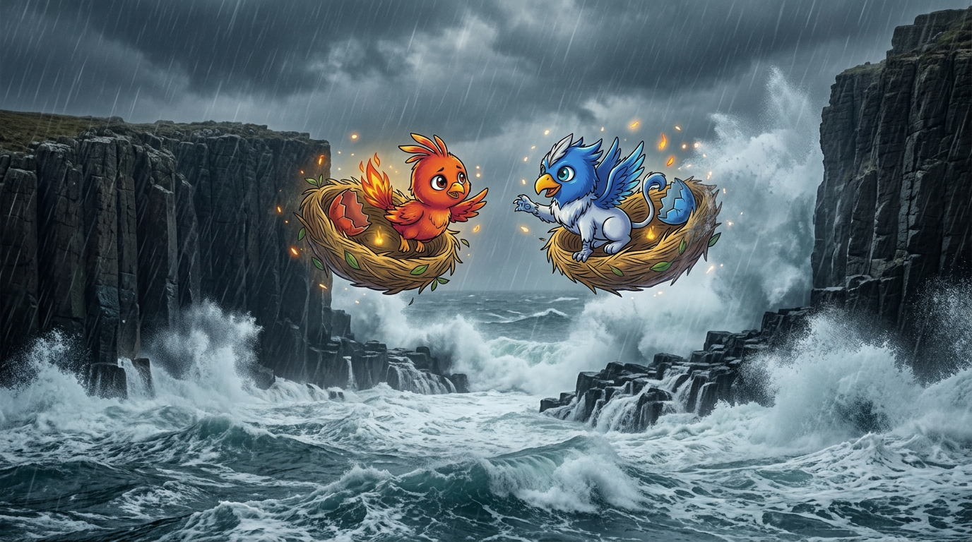 The baby brothers carried apart across a stormy sea.